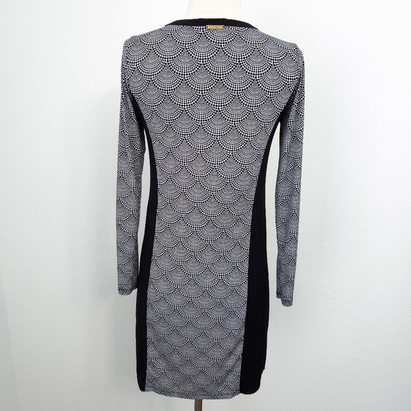 Michael Kors Black & White Dot Fan Colorblock Long-Sleeve Sheath Dress - Picture 4 of 5